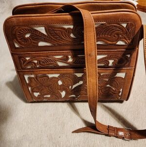 Hand Tooled Brown Leather Floral Crossbody Bag